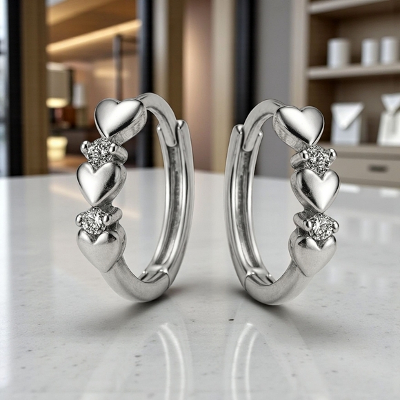Minimalist Hoop Heart Earrings S925 Sterling Silver Dainty Zirconia Gift - Picture 9 of 13